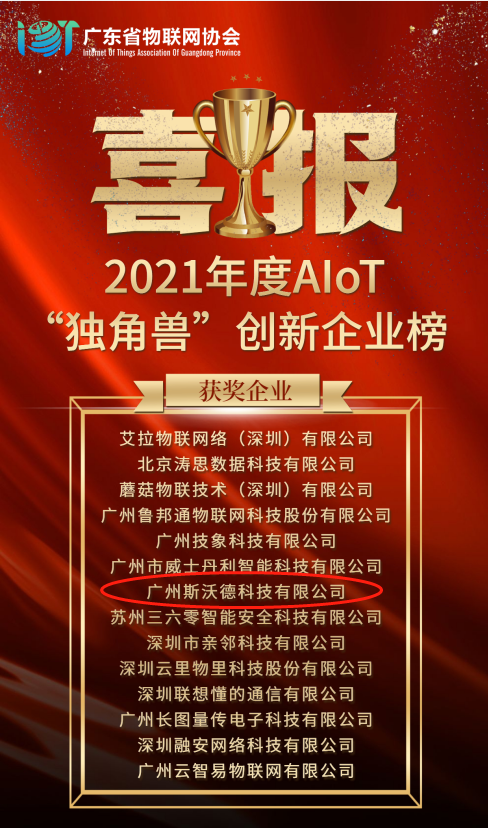 再摘殊榮！斯沃德科技獲“2021 AIoT獨(dú)角獸創(chuàng)新企業(yè)獎”